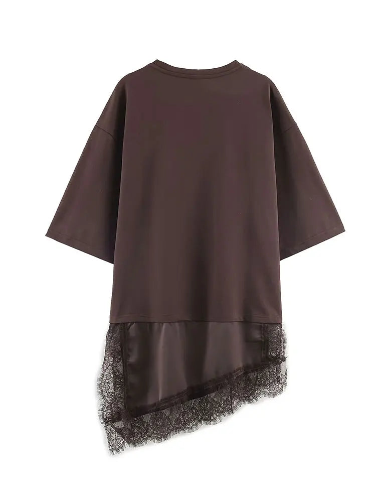 Women Vintage Solid Lace Patchwork T-Shirts Asymmetrical Hem O Neck Short Sleeve Shirt 2026 Trend High Street Lady Chic TEES