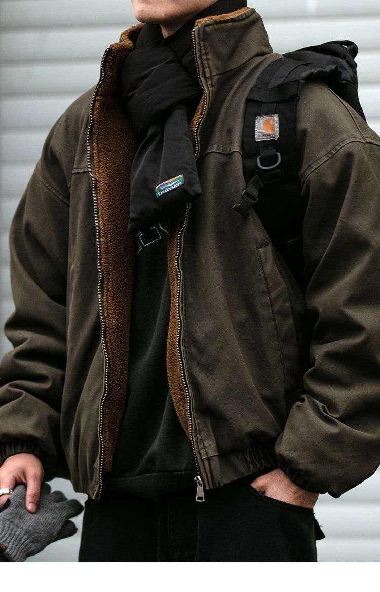 Winter Heavyweight Mens Jacket Japanese Vintage PU Coated Windproof Thick Fleece Lined Warm Distressed Streetwear Long Coat Male