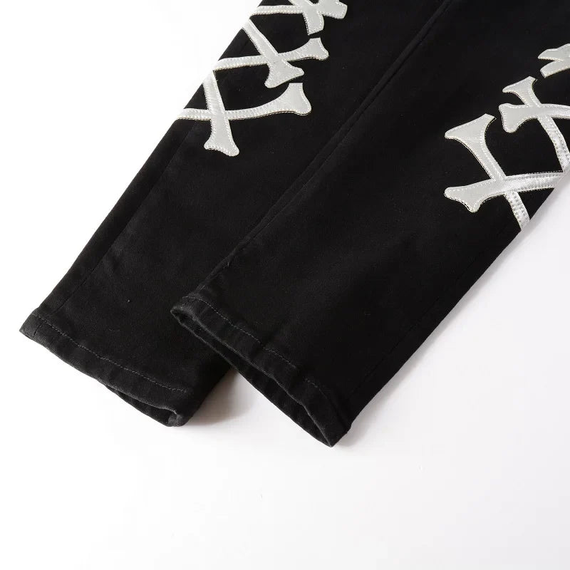 Classical White Bones Patchwork High Street Slim Fit Ripped Jeans
