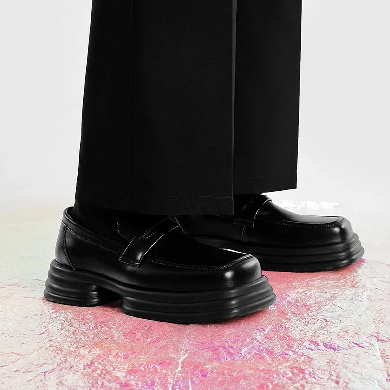 Men Zipper Patent Leather Increase Loafers Shoe Japan Korean Streetwear Fashion Thick Sole Platform Vintage Style Leather Shoes