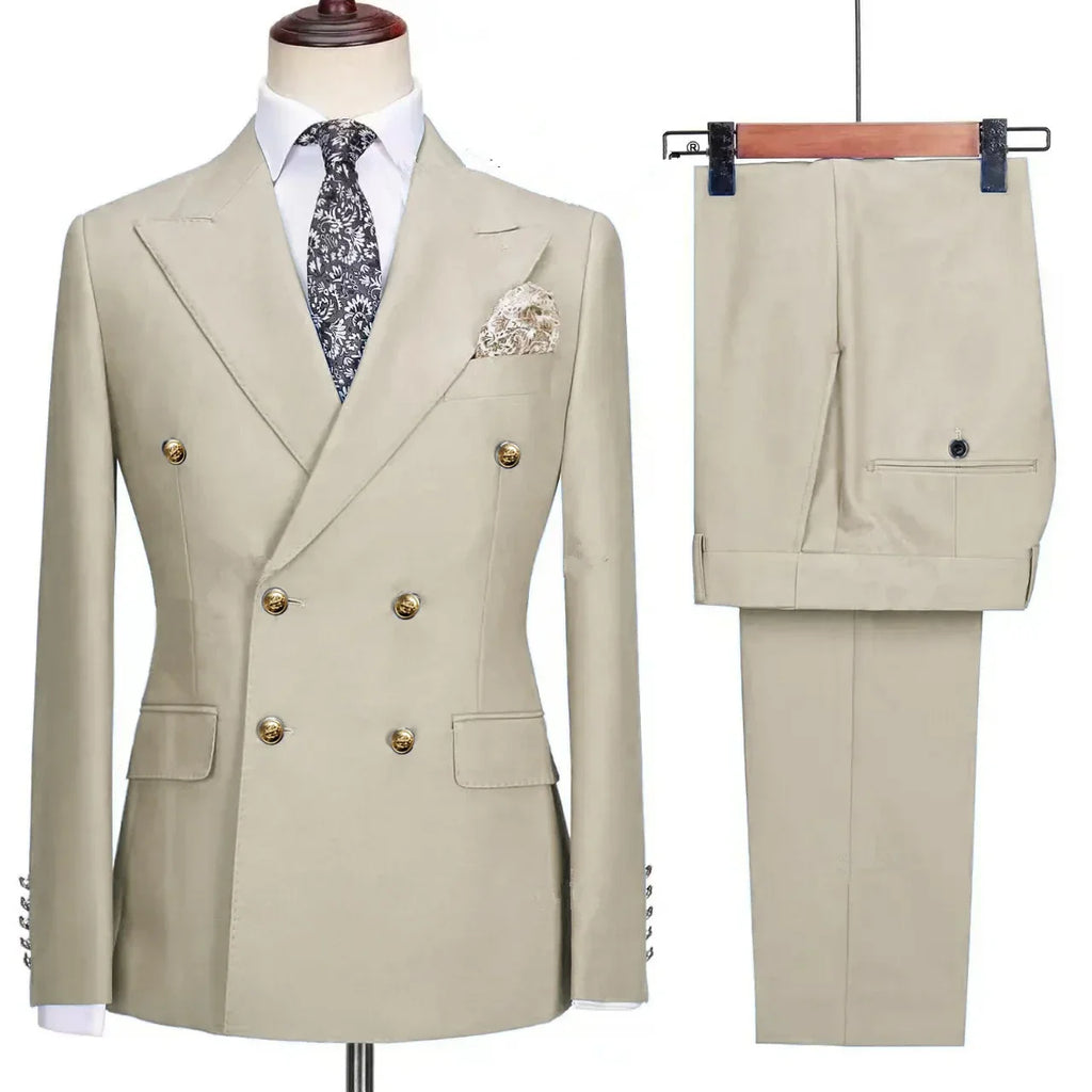 Double Breasted Men Suit Navy Blue High Quality Wedding Costume Party Prom Gold Buttons Groom Suits