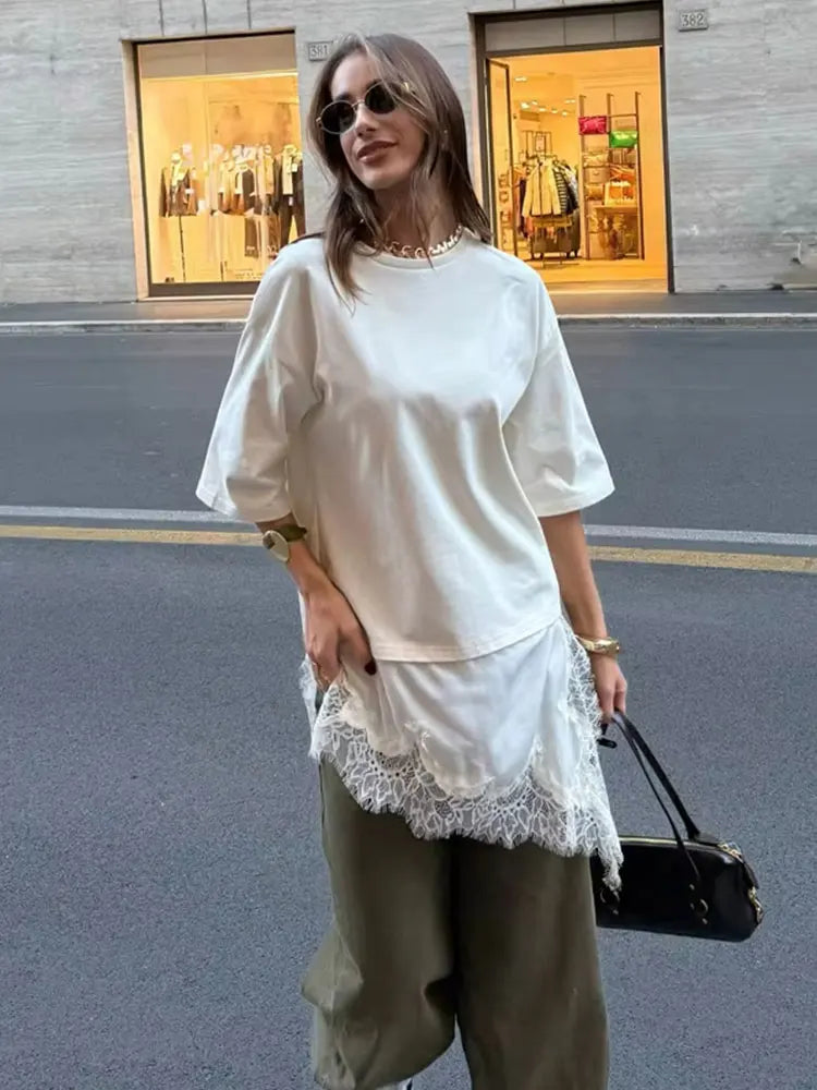 Women Vintage Solid Lace Patchwork T-Shirts Asymmetrical Hem O Neck Short Sleeve Shirt 2026 Trend High Street Lady Chic TEES