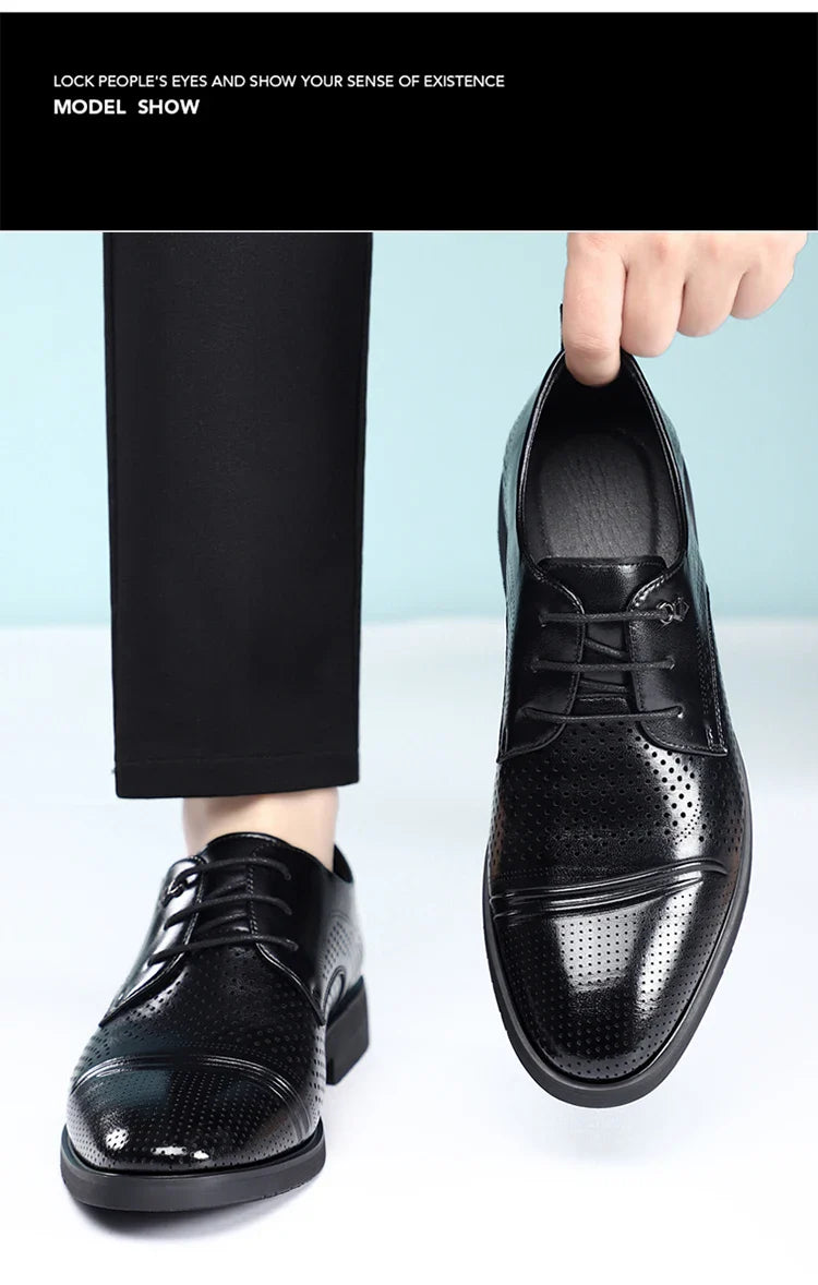 Men's Summer Breathable Leather Shoes Hollow out Fashionable Slip-On Comfortable Anti-Slip Soft Bottom Derby Shoes-SJ2501-1