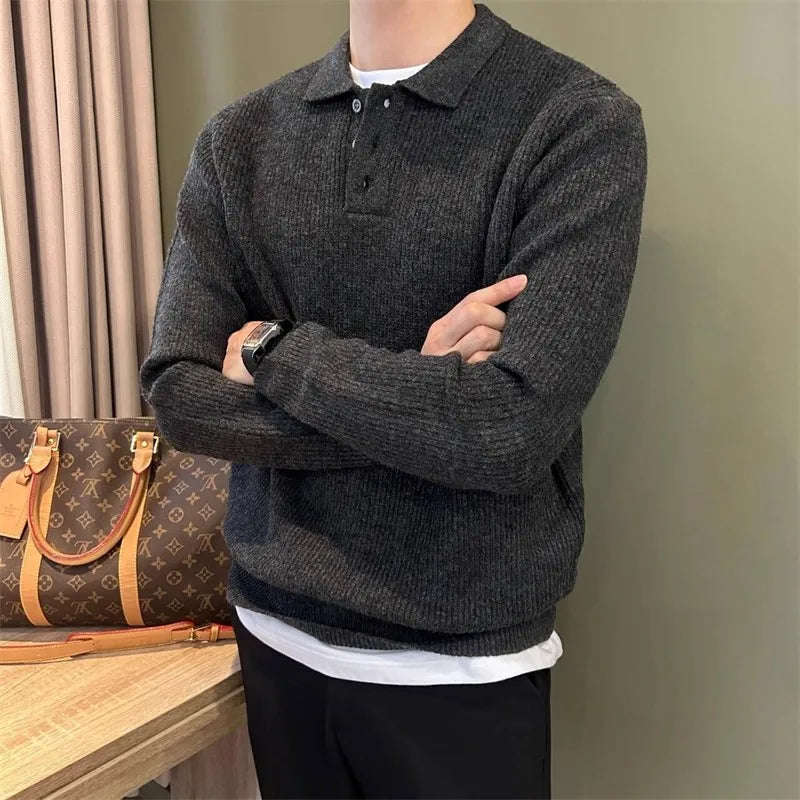 Mens Knit Sweater Autumn Winter Pullover Korean Soft Heavyweight Knit Polo Sweaters Minimalist Long Sleeve Solid Casual Top