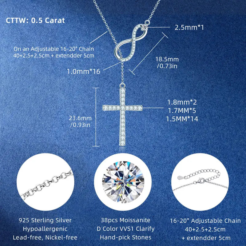 Round Moissanite Y-shape Lariat Cross Heart Infinite Pendant Necklace Chain for Women 925 Sterling Silver Jewelry Gifts