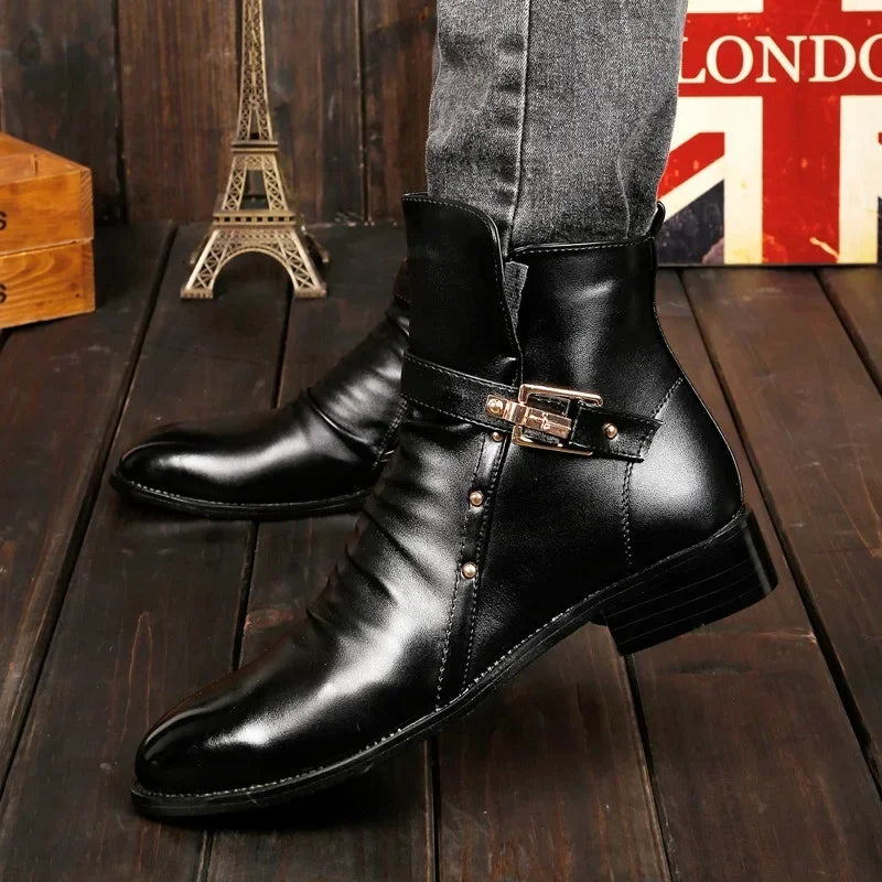 Chelsea Boots Men's High Top Leather Shoes Men Zipper Boot Pointed Ankle Boots Men's Motorcycle Boots Buckle Strap Winter Botas