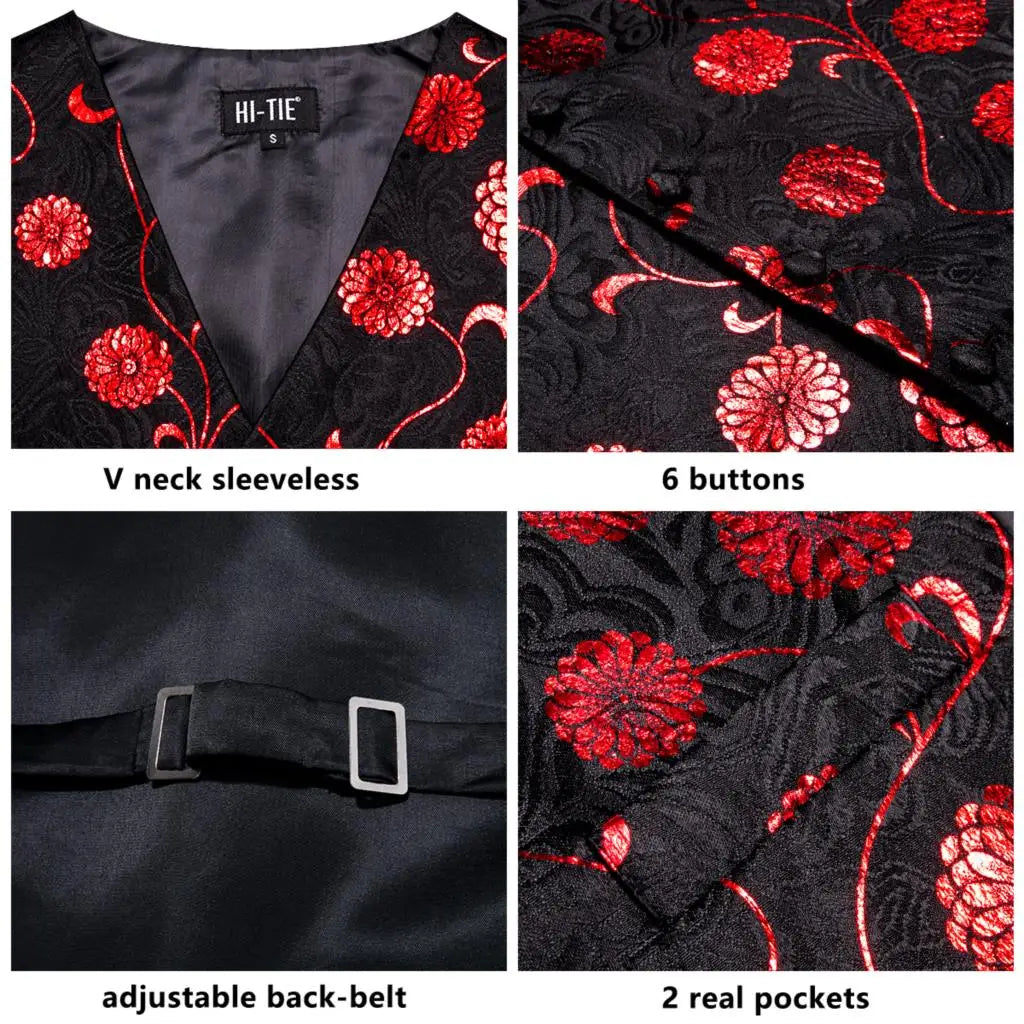 Black Red Floral Mens Vest Tie Set Jacquard Waistcoat Sleeveless Jacket Necktie Hanky Cufflinks Wedding Business XXL