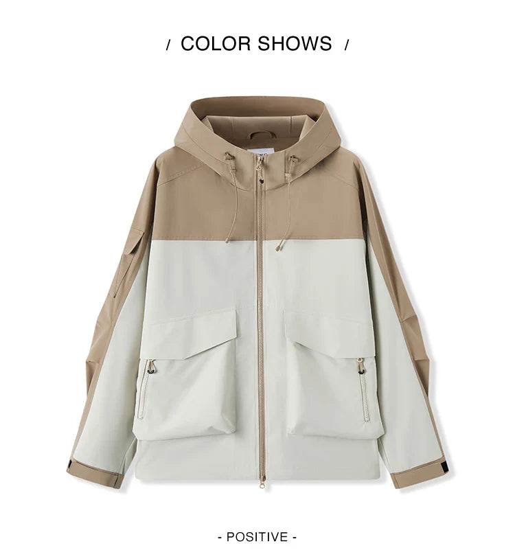 Three-proof Jacket Men Autumn Outdoor Color Block Hooded Windbreaker Large Pocket Workwear Trendy Coat