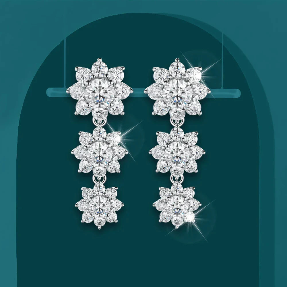Full Moissanite Drop Earrings for Women Bridal Sun Flower Lab Diamond Stud Earring 925 Sterling Silver Plated Gold Fine Jewelry