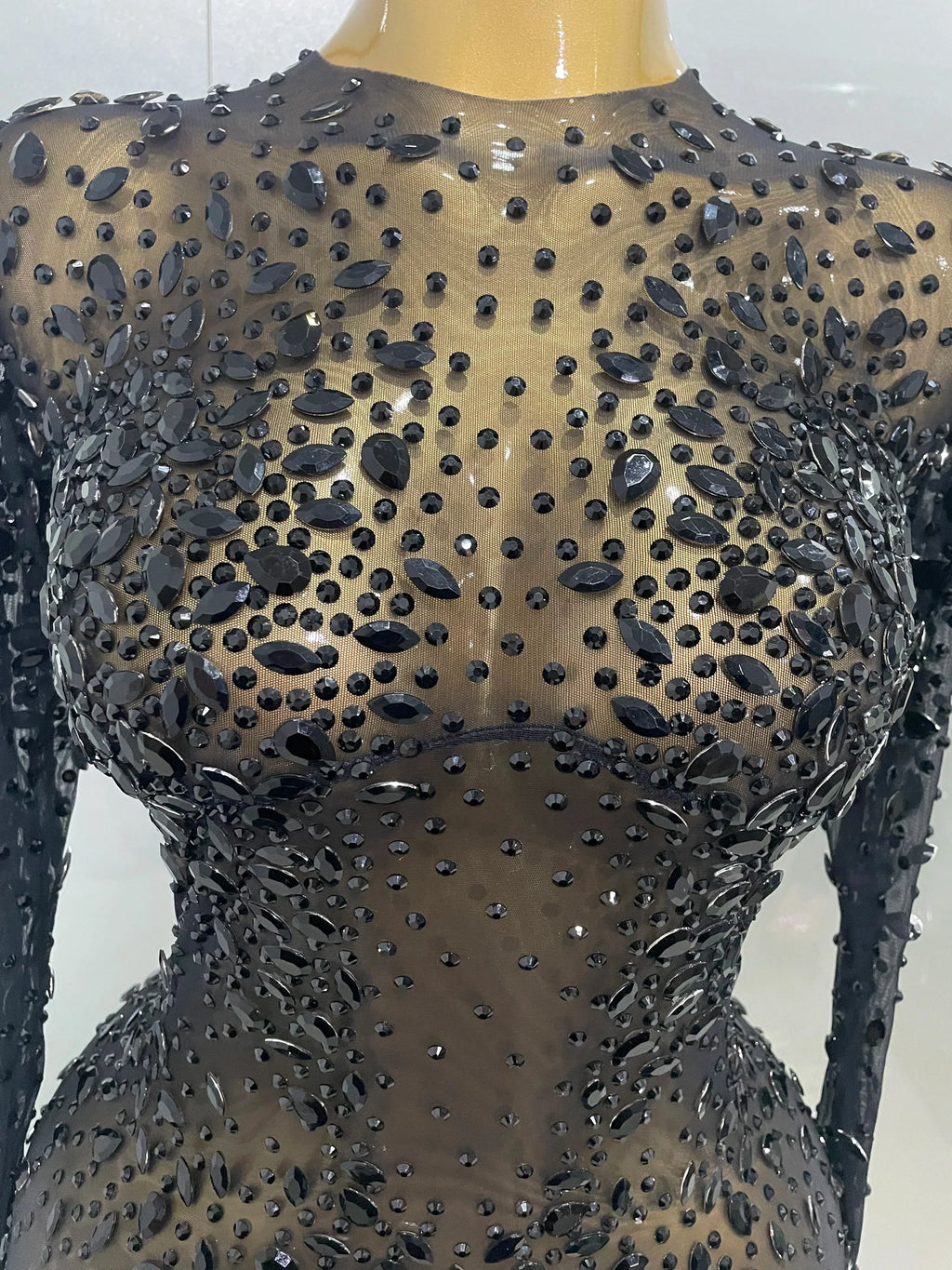 Sexy Shinny Rhinestone Stretch Mesh Transparent Long Dress 2025New Women Evening Birthday Party Prom Nightclub Singer Stage Wear