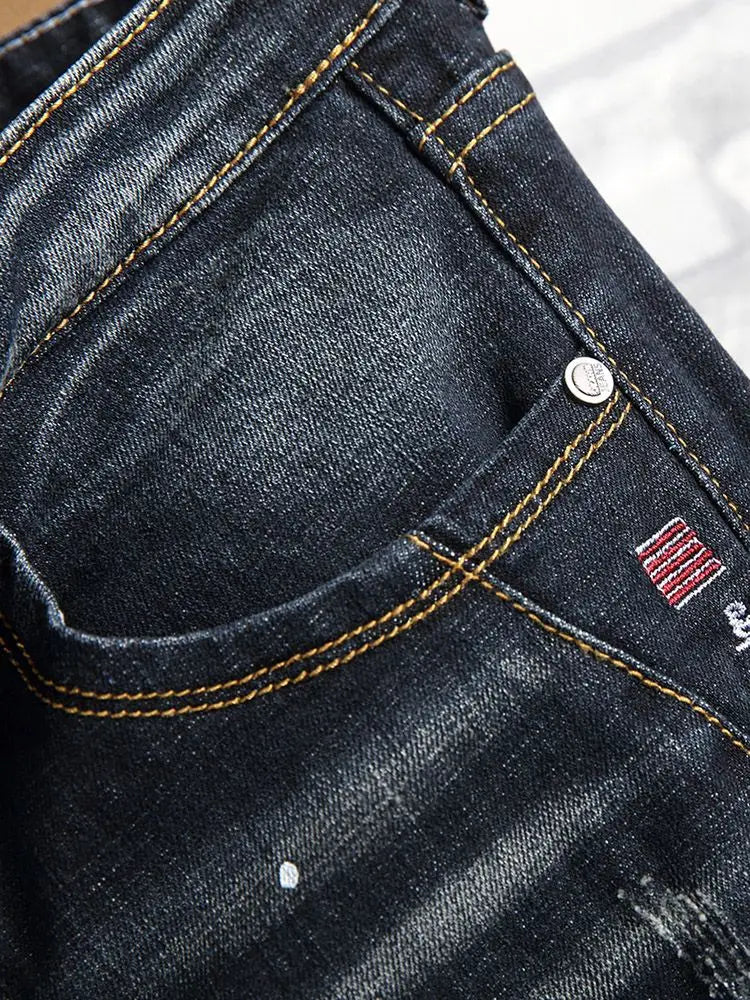 Men's Slim Fit Jeans Elastic Casual High Street Style Ripped Patchwork Pants Fashionable Tight Menswear Spring New Arrival