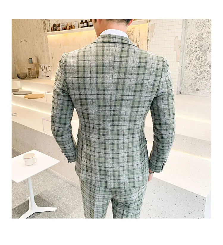( Jackets + Vest + Pants ) New Fashion Boutique Plaid Mens Casual Business Suit Groom Wedding Dress Suit 3pces Set Male Blazer