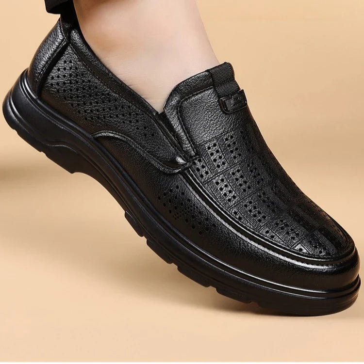 Men's Summer Breathable Leather Loafers Brown Hollow Out Slip-On Shoes Male Thick Sole Comfortable Non-slip Work Shoes for Man
