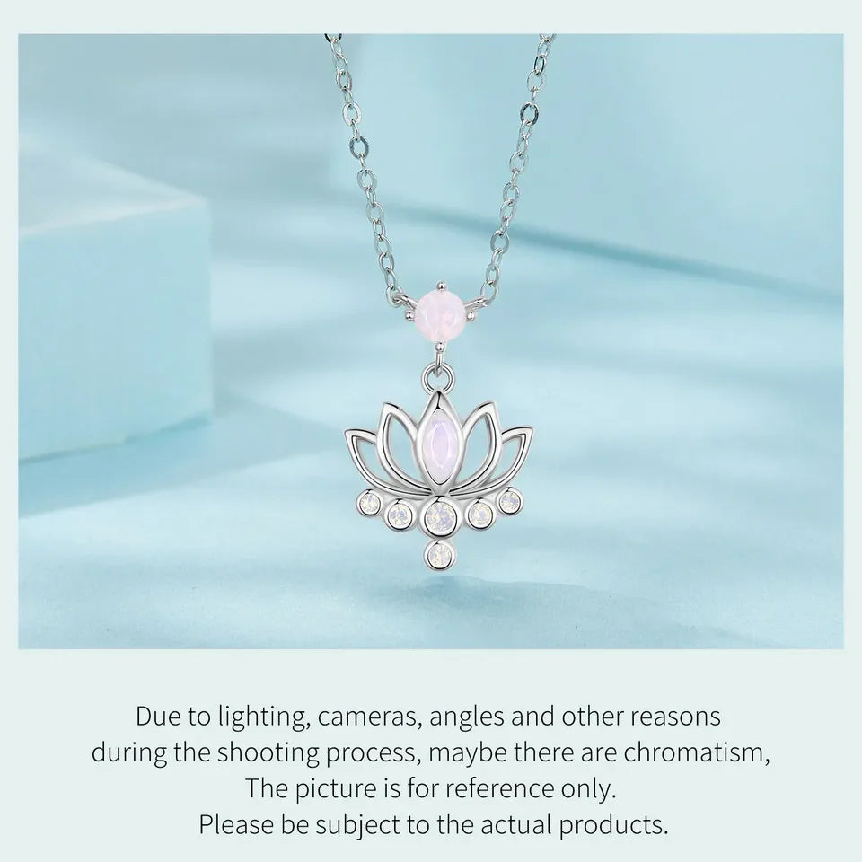 925 Sterling Silver Lotus Pendant Necklace Pink Opal Flower Neck Chain for Women Engagement Birthday Fine Jewelry Gift