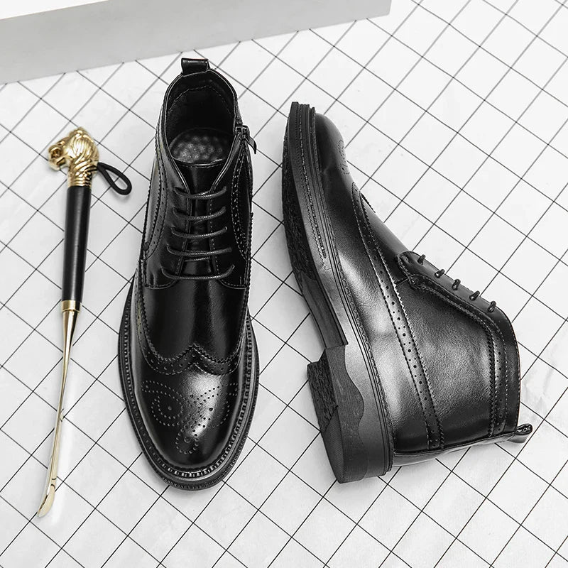New Fashionable Winter Patent Leather Brogue Ankle Boots Men's Lace up High Tops For Men Flats Everyday All Match Shoes
