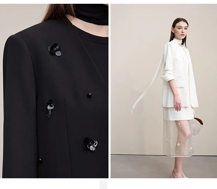 Amii Women's Jacket 2026 Autumn New Elegant Commuter Beaded Flower Chiffon Streamer Tie Blazers Solid Loose V-Neck Top 12641078
