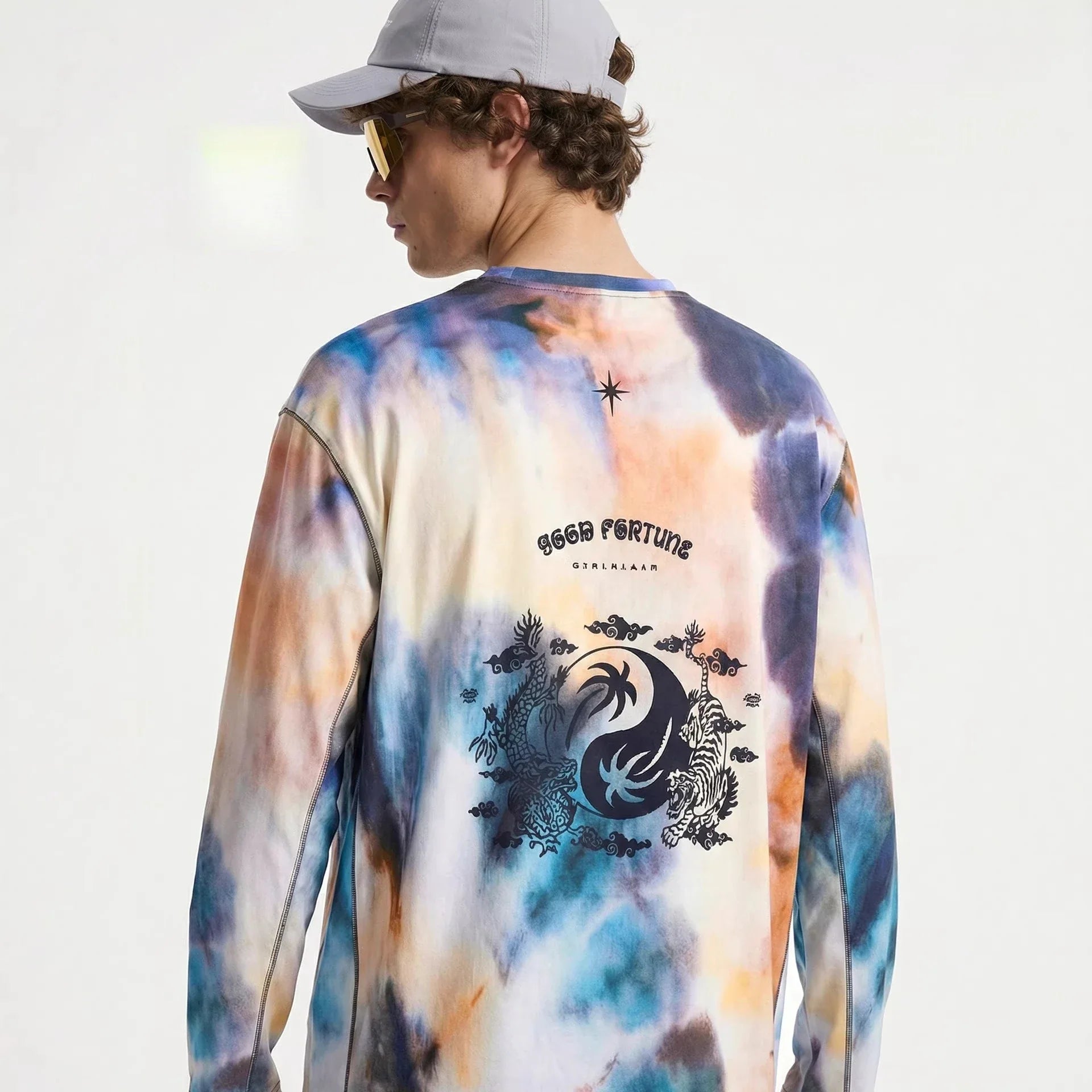 Men's Long Sleeve Sports T-Shirt Quick Dry Stretch Athletic Base Layer Ink Digital Printing Workout Running Top Unisex