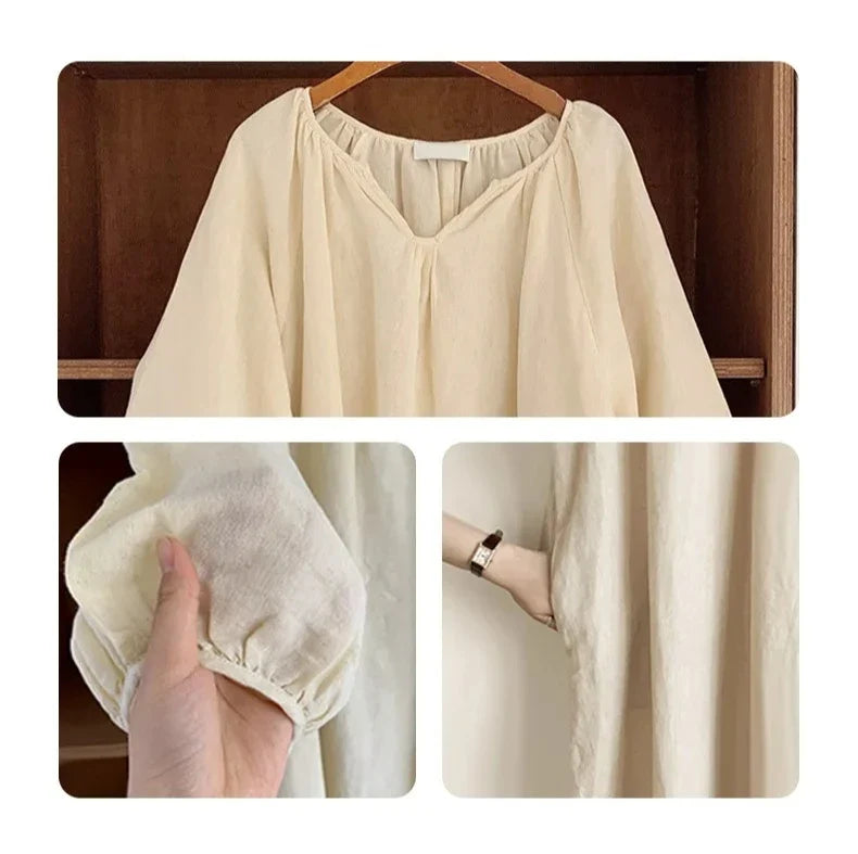 Vintage 100% Cotton Women Dress V Neck Long Sleeve Korean Jananse Pajama Dresses Ladies Comfortable Homewear Wearable Outside