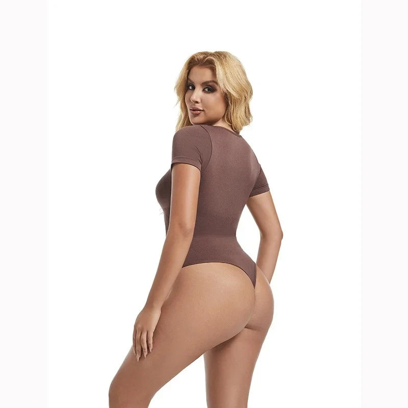 GUUDIA Short Sleeve Open Crotch Big U Neck Seamless Shapers Spandex Elastic Body Suit Shapewear Women Body Shaper Tummy Control