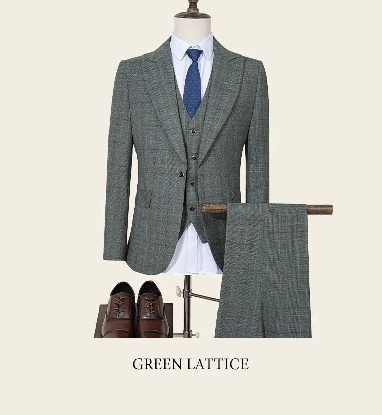 Stylish Checkered Suit 3 Piece Set Men Business Casual Wedding Outfit Slim Fit man suits