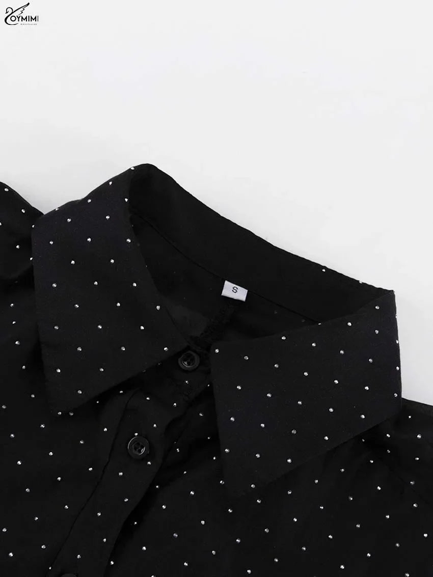 Fashion Black Rhinestone Women's Dress Casual Lapel Long Sleeve Button Dresses Elegant New Lace-Up Pleated Mini Dresses