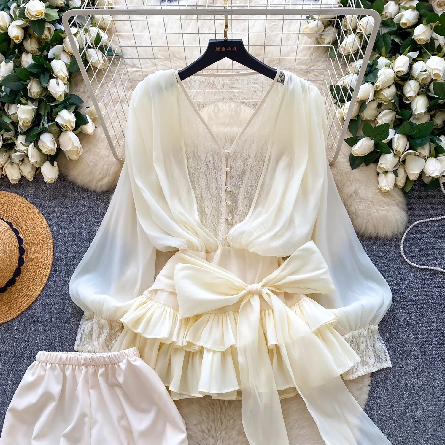 Fairycore Lace Chiffon Dresses With Stretch Shorts Pearl Button Bow Female Ruffles Sheer Seaside Holiday Mini Dress