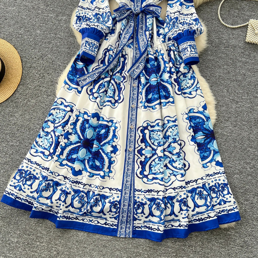 Retro Faion Print Stand Collar Single Button Women's Dr Waist Cinched Floor Length Skirt Korean Sle High Waist Long Sl...