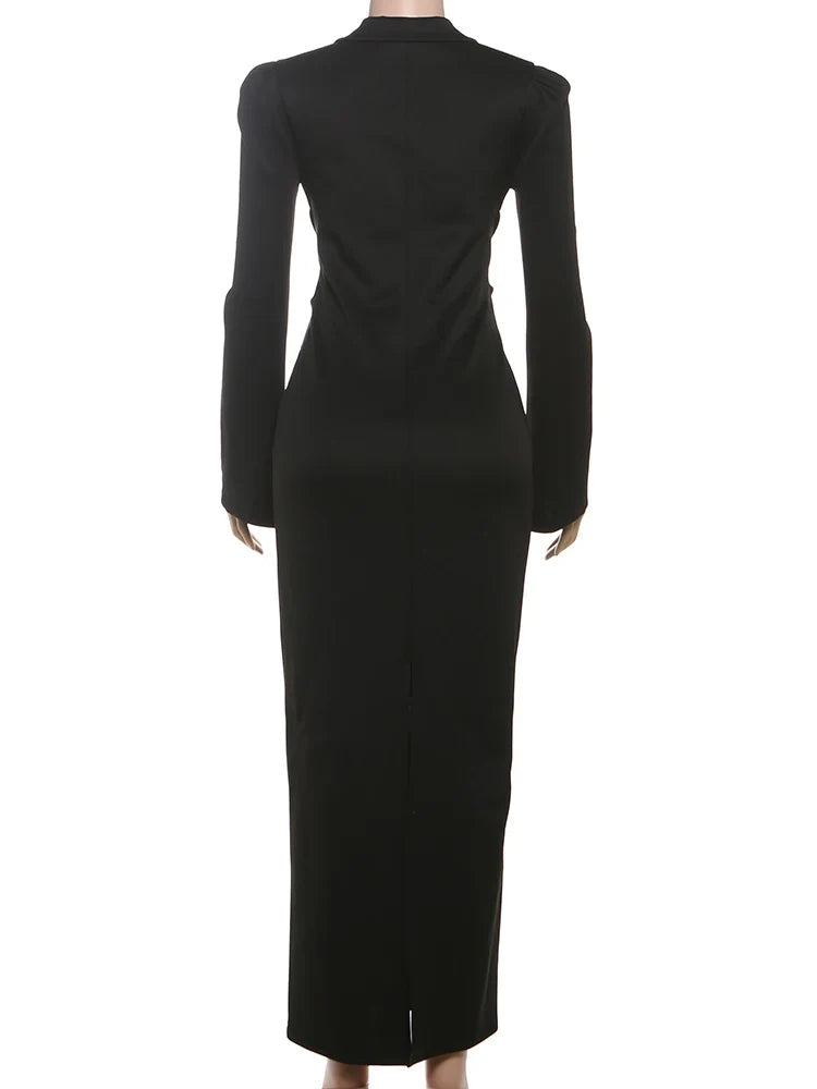 Sexy Maxi Dress Women Shoulder Padded Zip Wrapped Bandage Long Sleeve Slit Elegant Solid Office Simple Skinny Bodycon