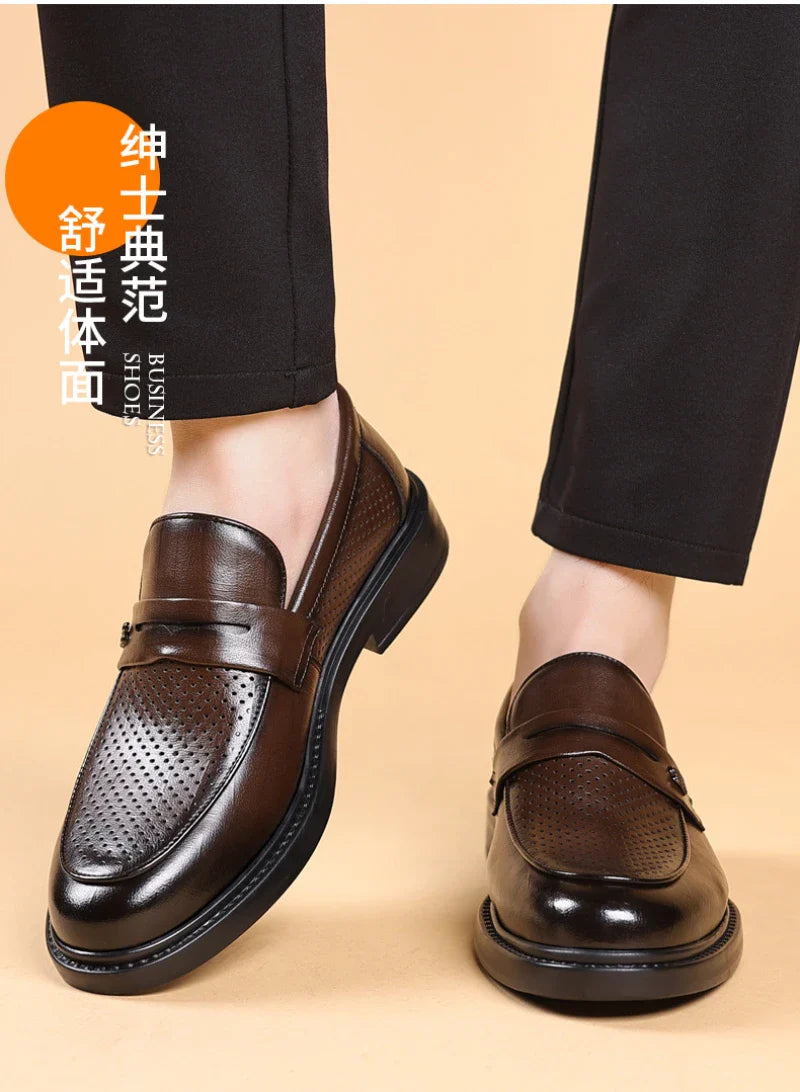 Mens Black Penny Loafers With Perforated Detail Slip On Comfortable Breathable Dress Shoes For Business Office And Summer Wear