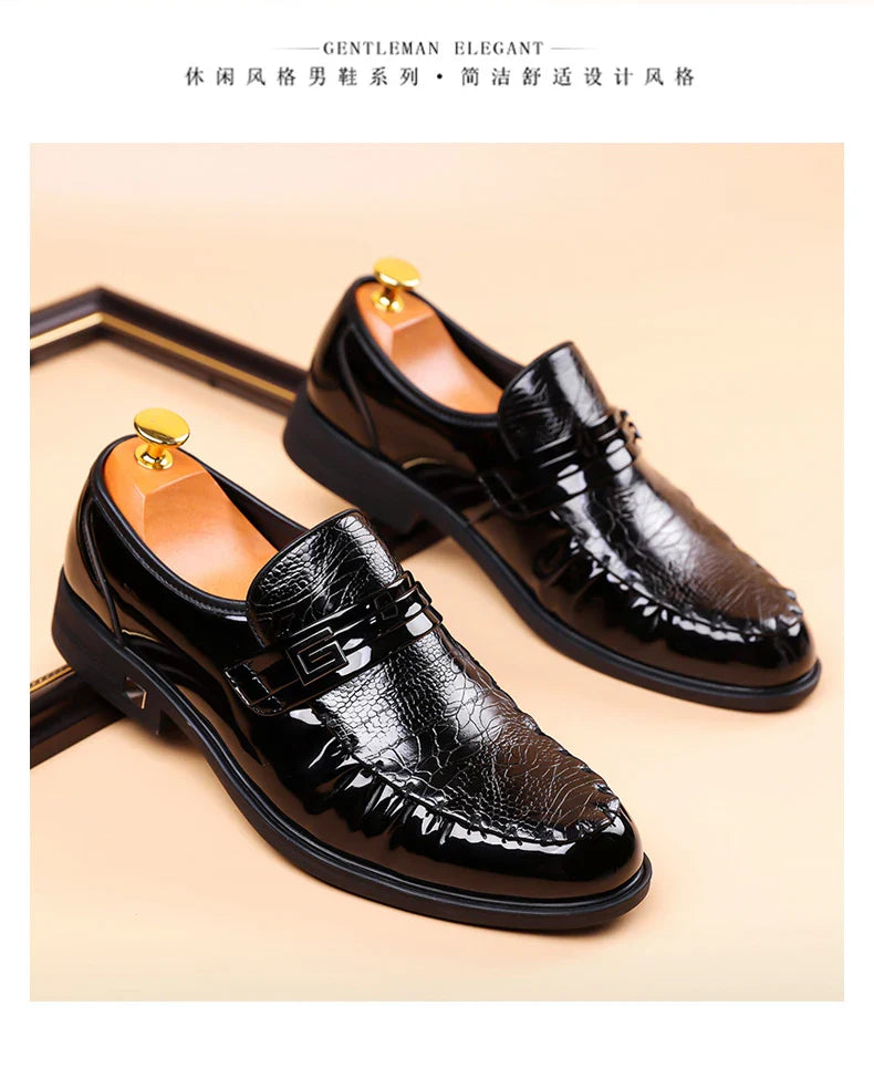 Men's Brown Crocodile Pattern Dress Shoes Patent Leather Slip-on Loafers Formal Business Wedding Oxfords for Men