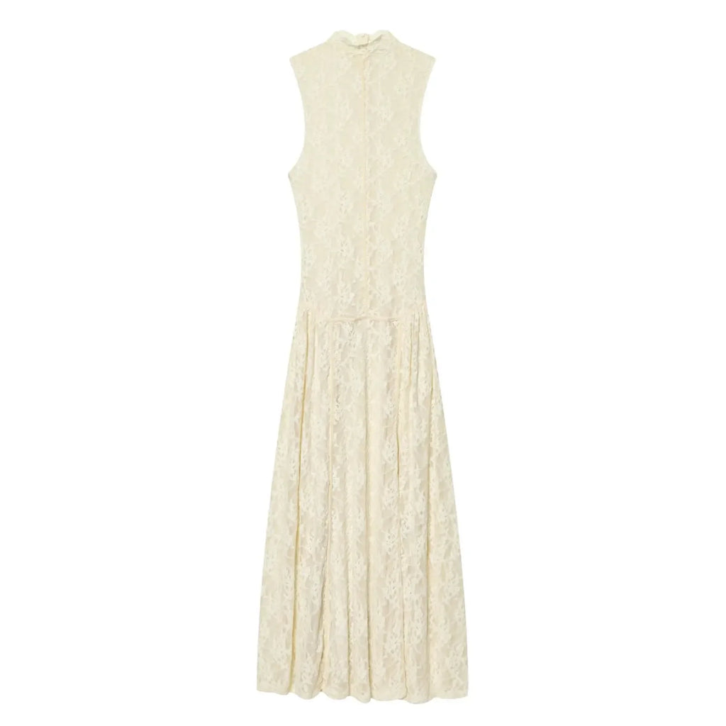 HH Women's Spring Summer Stylish Off‑White High Neck Lace Sleeveless Dress Female Elegant Temperament Zipper Long Party Dress