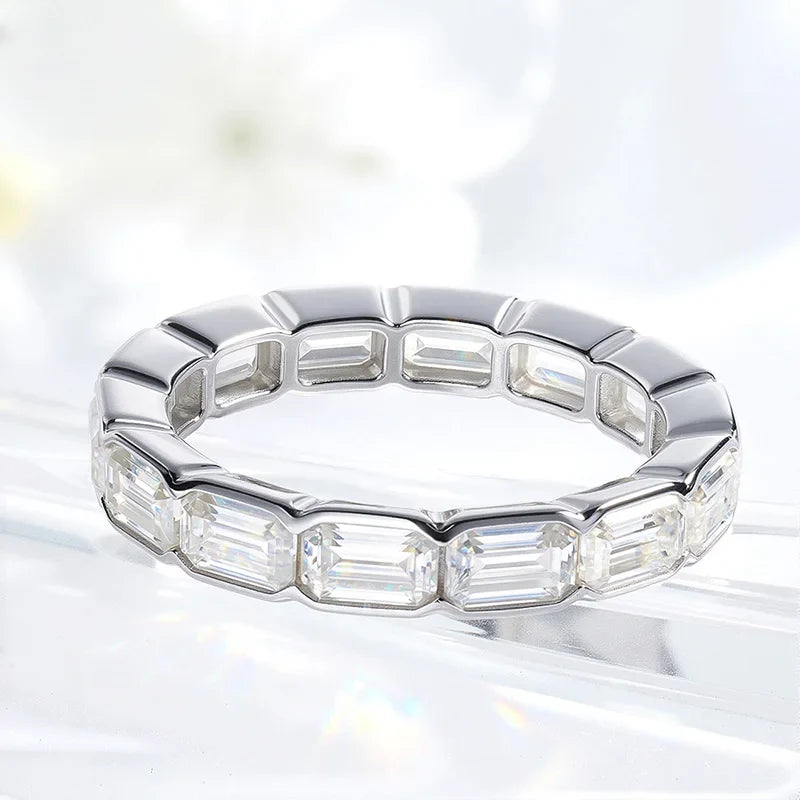 D Vvs1 3*5mm Emerald Cut Moissanite Rings for Women Full Eternity Bands Wedding Bridal Jewelry Pure S925 Silver Gift