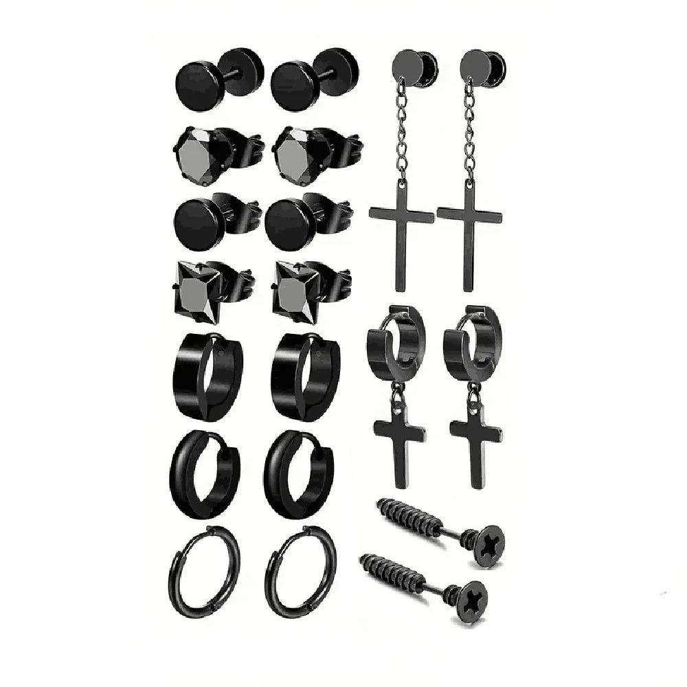 Simple Stainless Steel Zircon Stud Earrings For Men, Cross Pendant Hoop Earrings For Daily Wear