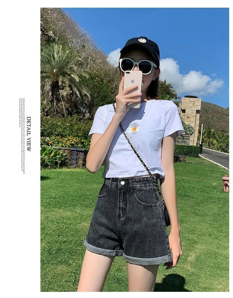 Summer Thin Style Korean Version High Waist Slimming Denim Shorts for Women Loose Line Outer Wear Rolled Edge Wide Leg Hot Pants