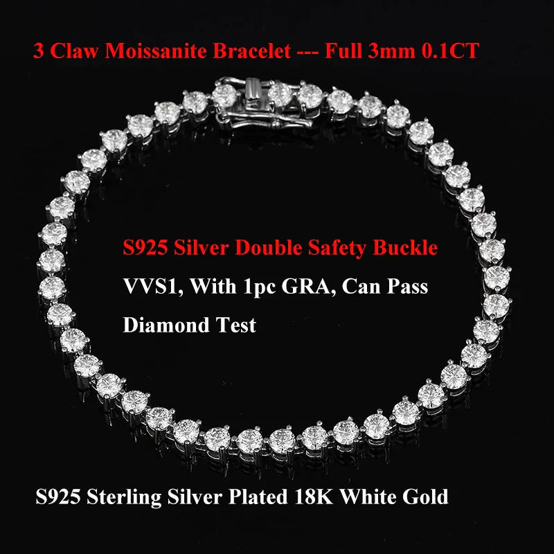3 Claw 2.5/3mm Full D Color Moissanite Diamond Tennis Bracelet Hidden Buckle for Women Man 925 Silver Link Chain Bracelets