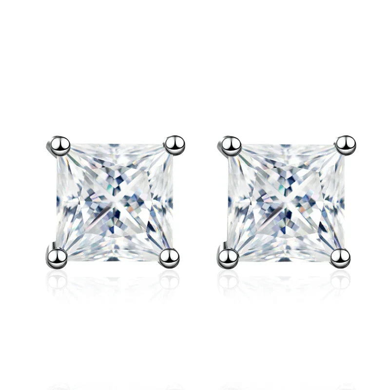 1ct 2ct Princess Cut Moissanite Earrings s925 Sterling Silver Plated with White Gold Plated Ear Studs for Women Jewelry
