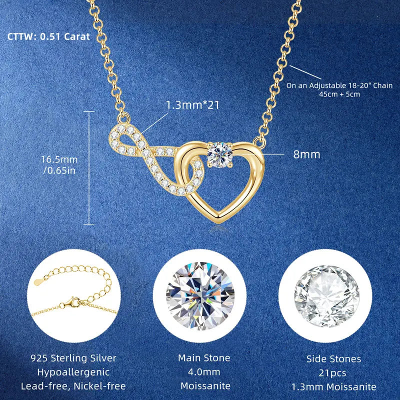 Certified 4mm&1.3mm VVS1 D Moissanite Necklace Collar Plata 925 Sterling Silver Infinity Heart Shaped Pendant Necklaces