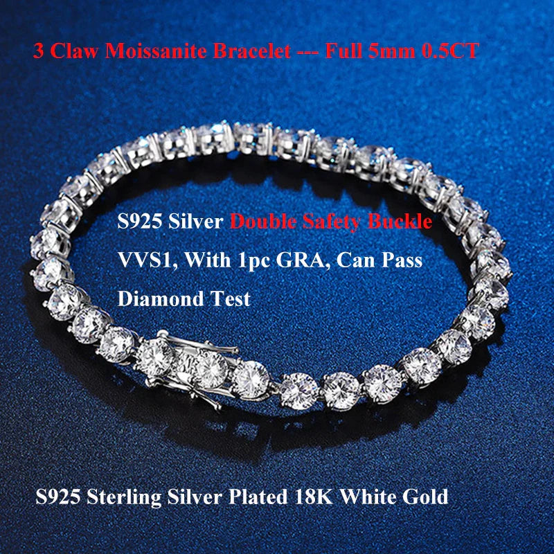 3 Prong 2.5mm 3mm Full D Color Moissanite Diamond Tennis Bracelet for Women 925 Silver Link Chain Spring Buckle Bracelets