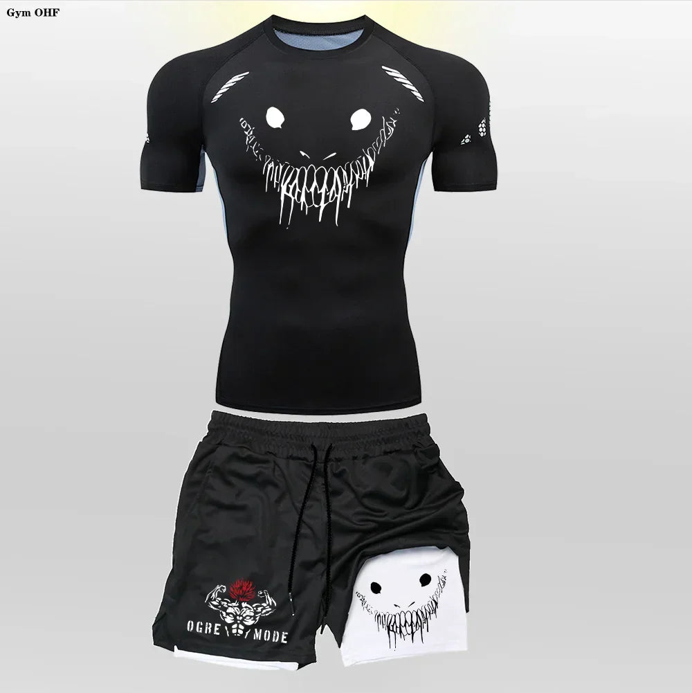 Funny Face 2 in 1 Shorts T Shirt Suits Men's Fitness Breathable Second Skin Compression Shirts Sets Gym Double Deck Shorts