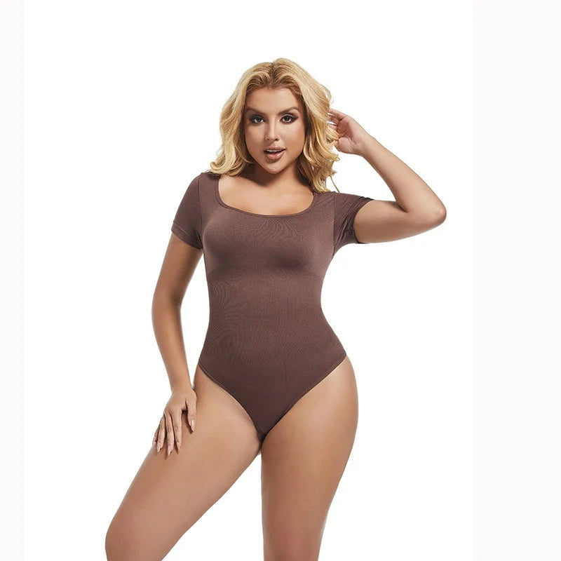 GUUDIA Short Sleeve Open Crotch Big U Neck Seamless Shapers Spandex Elastic Body Suit Shapewear Women Body Shaper Tummy Control