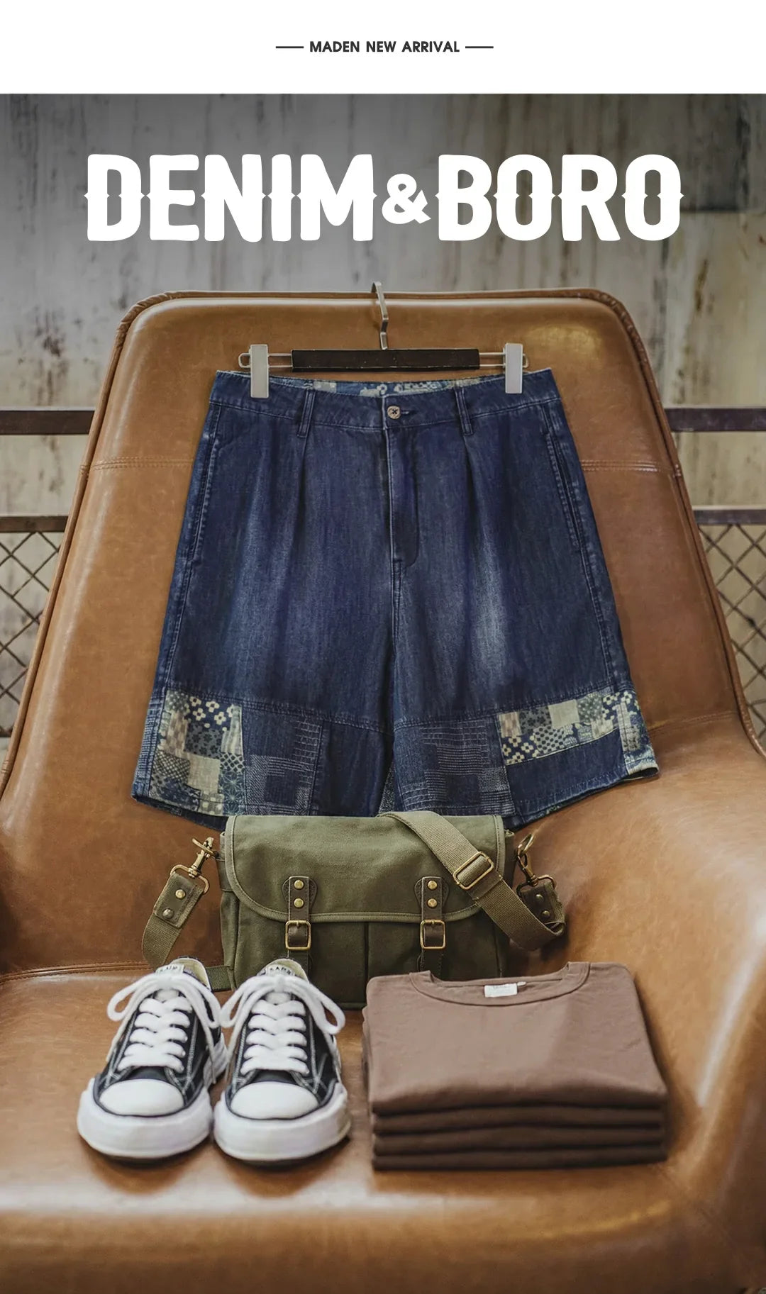 Men's American Retro Slub Texture Washed Denim Shorts Vintage Cloth Spliced Five Inch Loose Casual Workwear Daily Trousers
