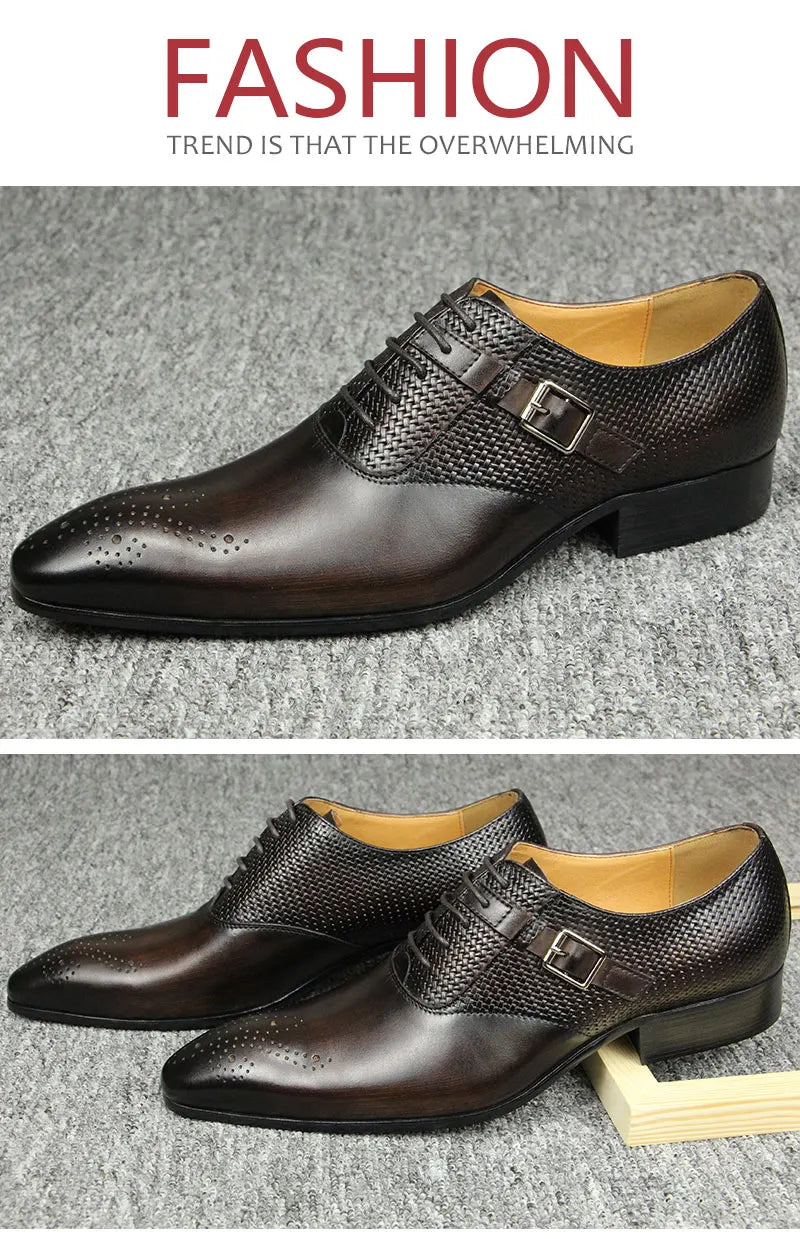 Luxury Mens Business Genuine Leather Shoes Fashion Wedding Oxfords Lace-up Pointed Toe Black Green Coffee Brogues Dress Shoes