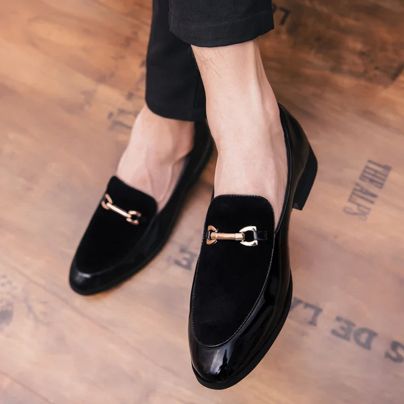 VIPOL Men's pointed suede formal shoes, retro new patchwork loafers mixed with slipper shoes, wedding dress leather shoes