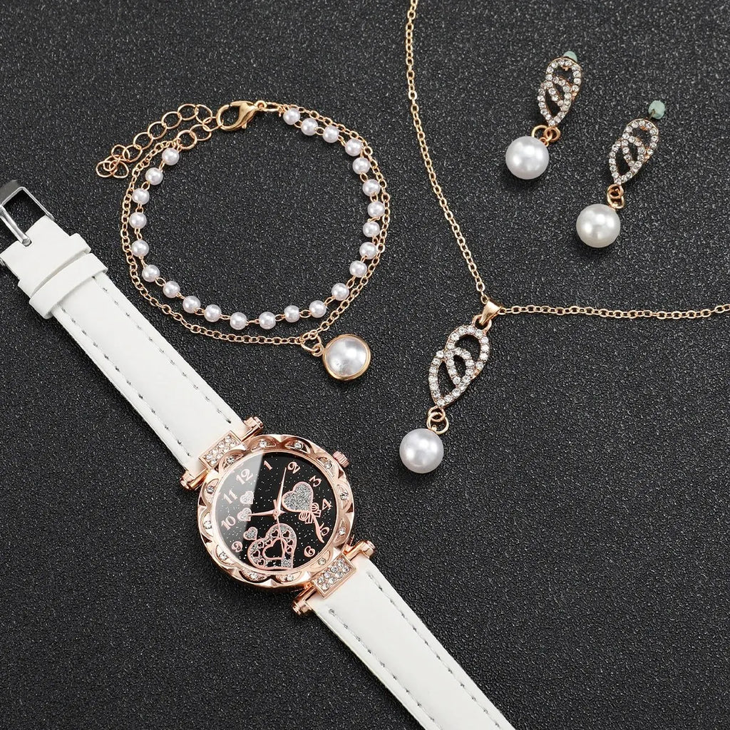 4pcs/set Women's Shiny Rhinestone Quartz Watch Analog PU Leather Wrist Watch  Faux Pearl Jewelry Set Girls Gift（Without Box）