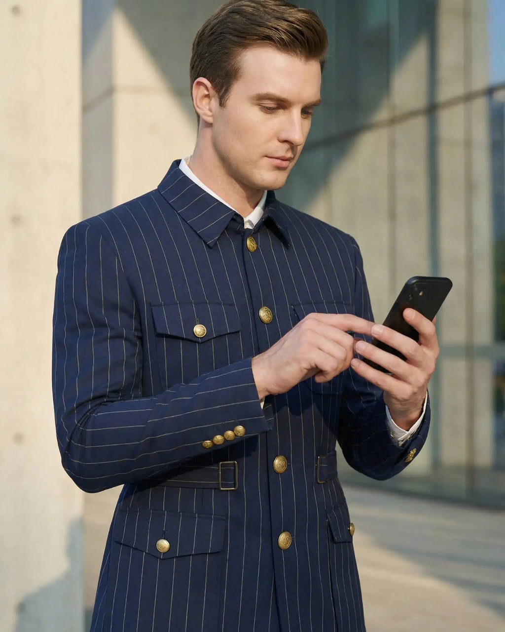 Elegant Dark Blue Striped Men's Suit Slim Fit Double-Breasted Jacket And Trouser Set Fashionable Collarless 2-Piece Suit