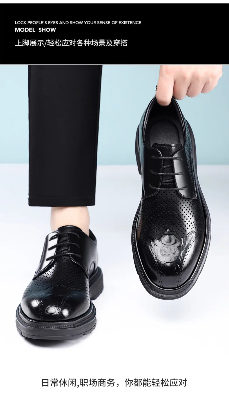 2026 Summer New Men's Cow Leather Oxford Shoes Hollow Out Formal Business Dress Shoes Male Non-slip Fashion Platform Shoe Man