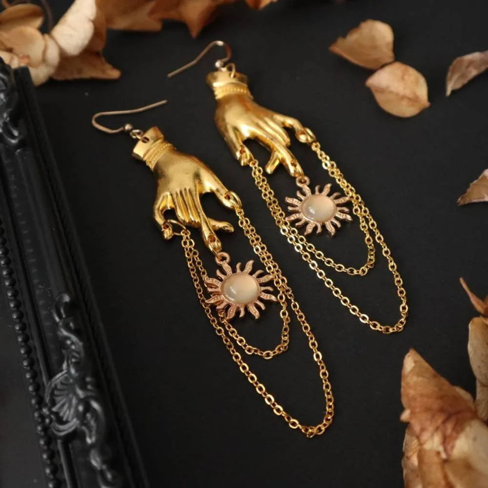 Hip Hop Gold Color Hands Sun Micro-inlay Gemstone Metal Chain Tassels Dangle Earrings for Women Halloween Party Jewelry