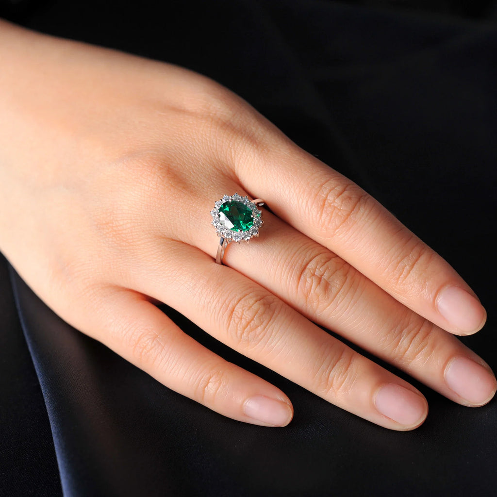 Halo Rings for Women Created Blue Sapphire Nano Emerald Red Ruby Princess Diana 2.67ct Oval Cut 925 Sterling Silver Rings