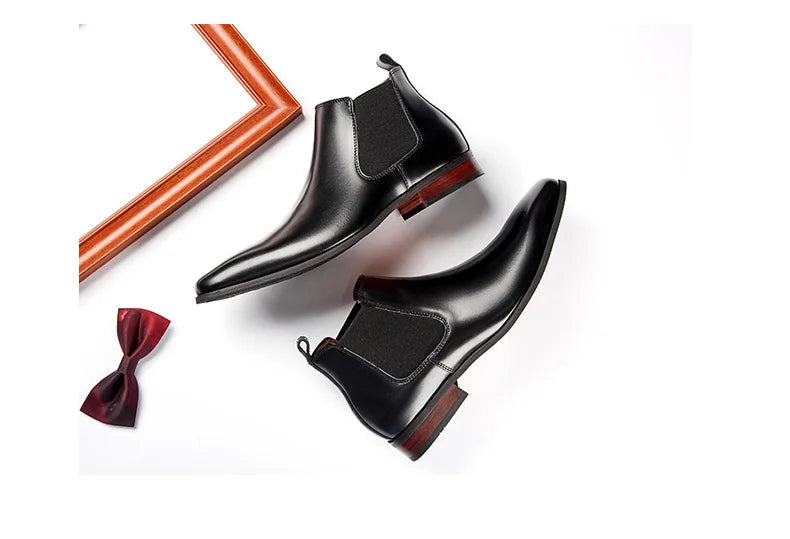 Elegant Simple Men Leather Boots Long Tip Square Toe British Chelsea Boots for Men Formal Business Luxury Shoes Spring Winter