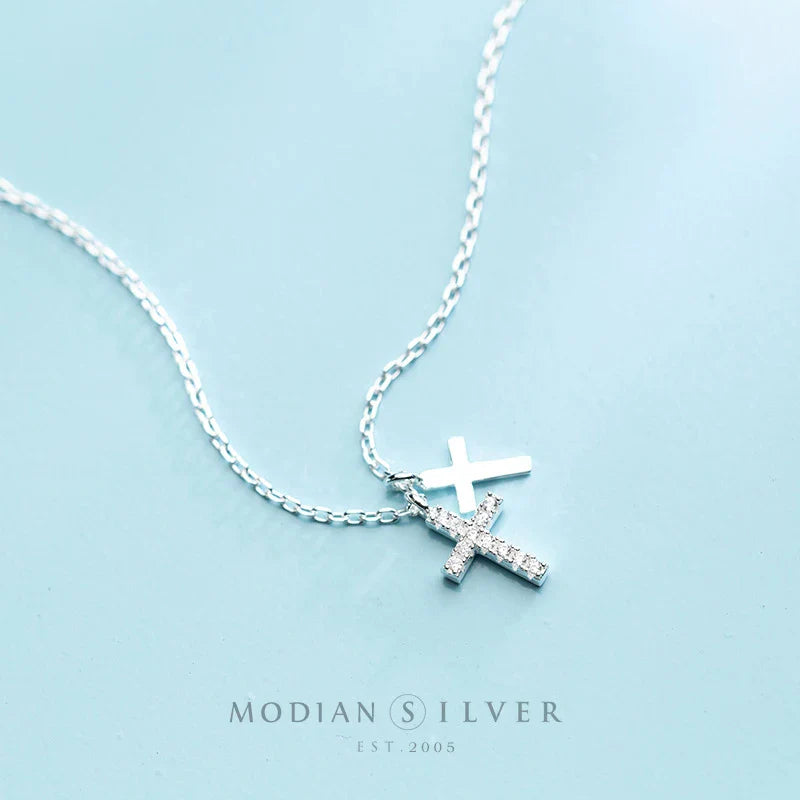 Fashion Shiny Zircon and Glossy Cross Pendant Necklace for Women Pure 925 Sterling Silver Long Chain Necklace Jewelry